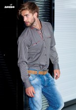 Мужская рубашка с воротником стоечкой кремового цвета в коричневую полоску Mondo